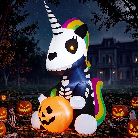 Joiedomi 5 FT Tall Halloween Inflatable Sitting Skeleton Unicorn Inflatable Yard Decoration with Build-in LEDs Blow Up Inflatables for Halloween Party Indoor, Outdoor, Yard, Garden, Lawn Decorations