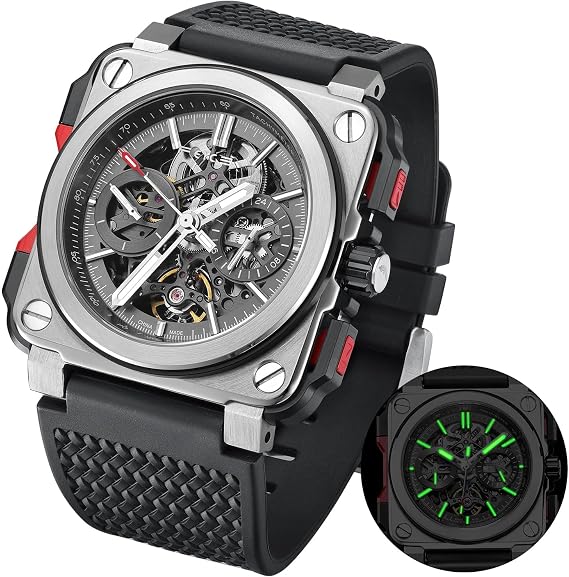 FEICE FM507 Mens Automatic Skeleton Watch Mechanical Mens Watch Square Sport Luminous Wrist Watch 10ATM Water Resistant, Black///White, Modern