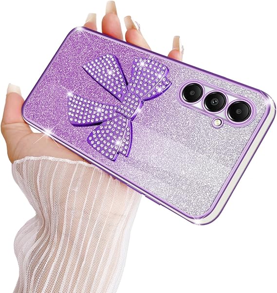 Galaxy A05S対応 ガールズ レディース ソフト TPU クリスタル キラキラ キュート キラキラ キラキラ 3D リボン ストラップ付き 耐衝撃 保護 コーブ ケース Samsung A05s用 バイオレット