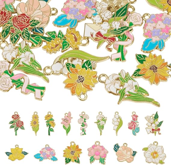 30 pcs Flower Theme Enamel Charms Sunflower Rose Charm Floral Blossom Dangle Charms for Women Spring Summer Necklace Bracelet Earring DIY Jewelry Making