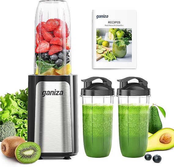 Ganiza Glass Blender, Power 900 W Stand Mixer with 3 Portable Cups (2 x 500 ml and 1 x 700 ml), Mini Blender with 4 Stainless Steel Blades, Electric Blender for Smoothies and Smoothies