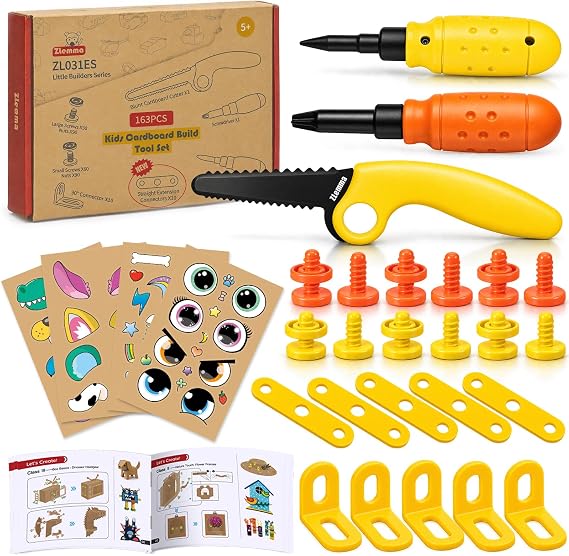 Cardboard Construction Tool Kit 163 Pieces-Educational Toys for at-Home Play + Classroom Learning | Reusable Cardboard Tools for Kids