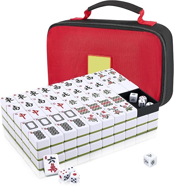Mahjong Set, 144 Pcs Chinese Mahjong Tiles Game, Medium Size Mah Jong with English Number, 3 Dice, Portable Mah Jong Set with Carrying Bag for Travel Family Gathering Party (30x22.5x17mm)