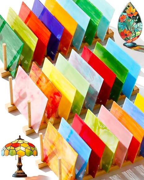 FIVEIZERO 24 Sheets Stained Glass 4x6 Inch – Rainbow Stained Glass Sheets for DIY Crafts, Mosaic Glass Art, Fused Glass Supplies, Iridescent Mixed Colors for Home Decor & Suncatchers