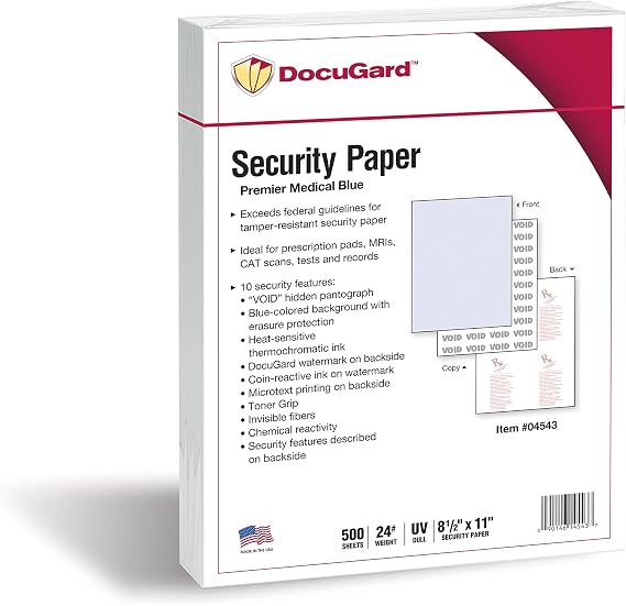 DocuGard メディカルセキュリティペーパー　処方箋の印刷　重複印刷や詐欺防止に 500 Sheets ブルー