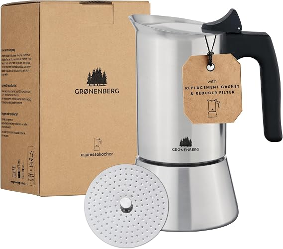 Groenenberg Moka Pot | Espresso maker Induction 4 or 6 Cup (200-300 ml) incl. reducer filter I Stainless steel I Stovetop Moka pot + replacement seal (4 Cup (200ml))