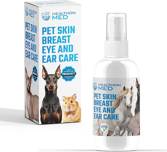HEALTHONMED Hayvan Deri, Kulak, Göz ve Meme Bakım Spreyi – Tahriş Etmeyen Alkolsüz Yara Temizleme ve Onarıcı Bakım – Kedi, Köpek ve Diğer Hayvanlar İçin – 250 ml