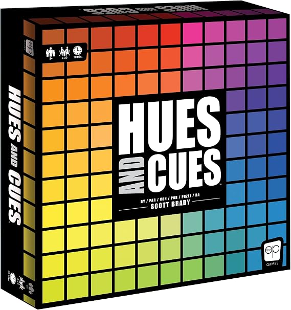 The OP Usaopoly | Hues and Cues Multilingual Board Game for All Family | Party Game for 3-10 Players | Vibrant Colour Guessing | Connect Clues from 480 Colour Squares