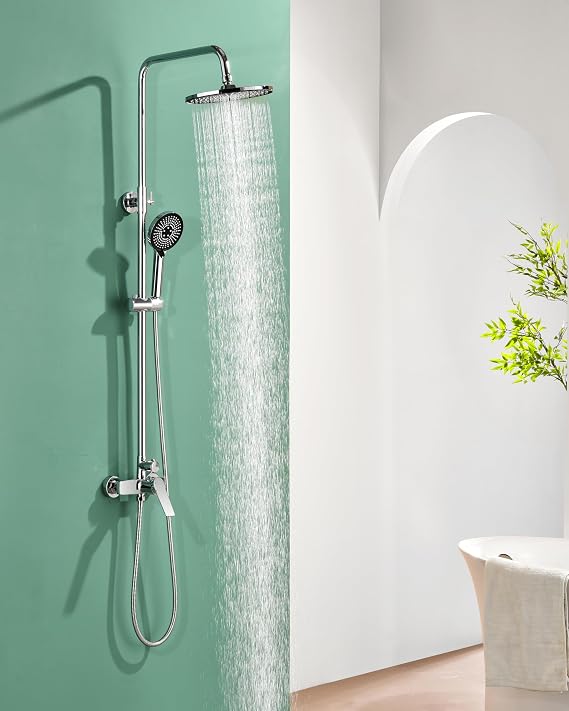 Shower Mixer Set, Shower System with 9" Round Overhead Rainfall Shower Head with 3-Function Handheld Shower, Riser Rail,Adjustable Height Shower Set,Solid Brass Mixer Valve(Chrome)