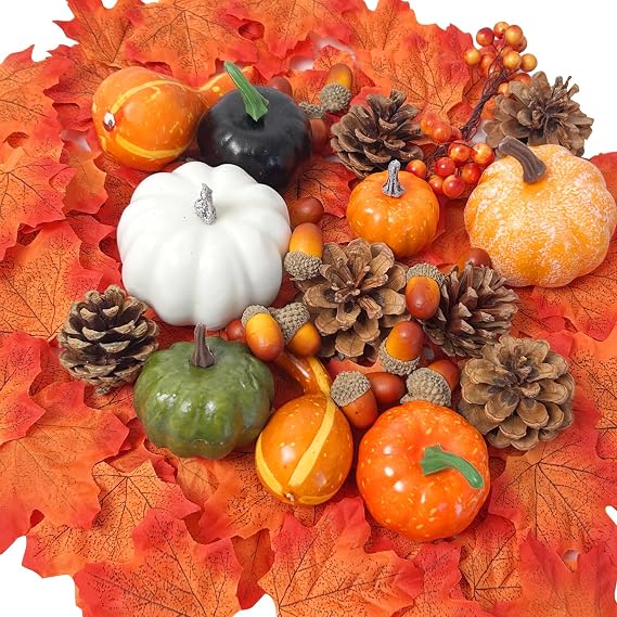 160pcs Autumn Decor Set Artificial Pumpkins Pine Cones Acorns Maple Leaves