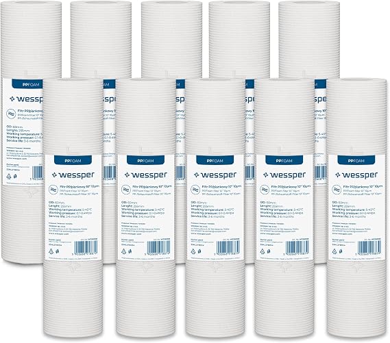 Wessper Wickel 10 Micron Reverse Osmosis Water Filter, 10" Foam Pre-Filter, Removes Sand, Rust and Mud - High Flow Rate and Long Lasting - 10 Pieces