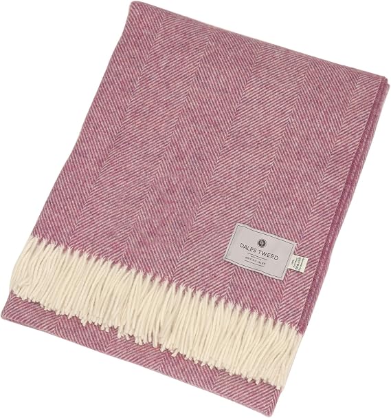 Bronte Dales Tweed Herringbone Throw Pink 100% Pure New Wool Blanket British UK-Made Warm Gift
