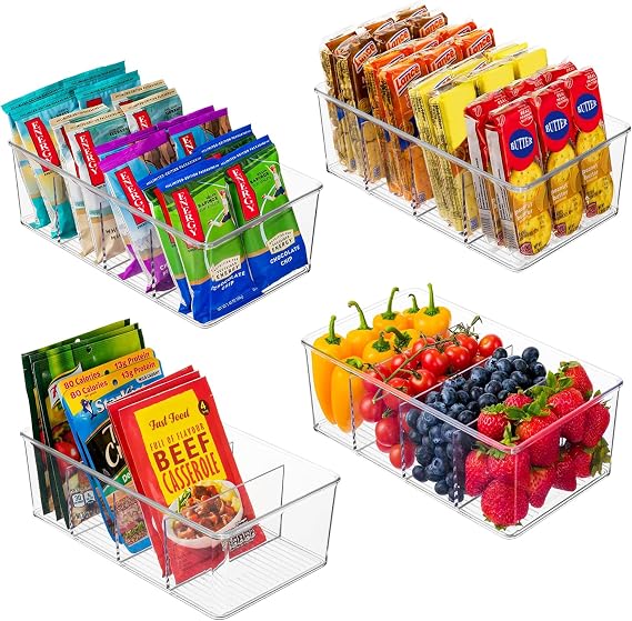 TopTidyHome Fridge and Cupboard Organisers, Pack of 4 with Dividers. Fridge Storage Organisers, Pack of 4 Clear Plastic Containers with Removable Dividers. Drawer and Food Organizer.