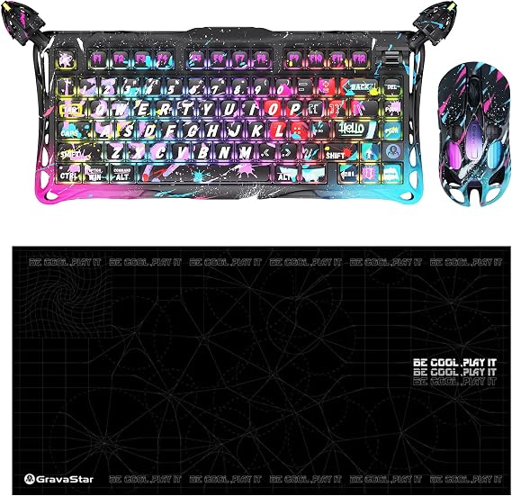 Gravastar V75 Pro Manyetik Kablolu Gaming Klavye, XPro Kablosuz Optik Mouse ve Mousepad Oyuncu Seti (Neon Graffiti)