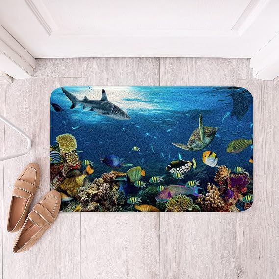 Loussiesd Ocean Sea Turtle Bath Rugs for Bathroom Slip-Resistant Shag Bath Rugs Mat Marine Shark Fish Soft Absorbent Bath Rug for Shower Room Living Room Bedroom Hawaiian Ocean Careature Rugs 16"x24"