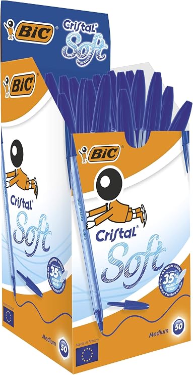 BIC Cristal Soft Tükenmez Kalem, Mavi, 50'li Kutu, 1.2 mm Orta Kalınlıkta Uç, Şeffaf Gövde, Delikli Kapak