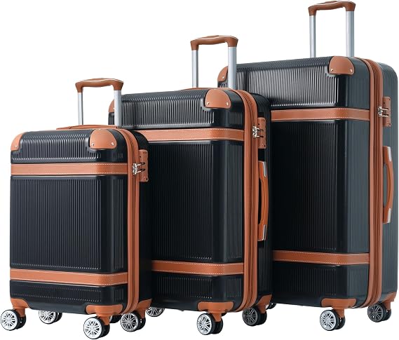 3ピース荷物セット トラベルスーツケース スピナーホイール8個付き Tsa承認ロック 衝突保護 角度 旅行 ローリングラゲッジ 3サイズ 20インチ 24インチ 28インチ, ブラック 3ピース 20インチ+24インチ+28インチ, 20"+24''+28", ハードサイド