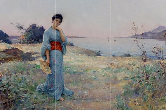 タイル壁画 Louis-Joseph-Raphael Collin アジアンガール チャイナウォマンファン 海景 キッチン バスルーム シャワー 壁 バックスプラッシュバック 3x2 4.25インチ セラミック、光沢