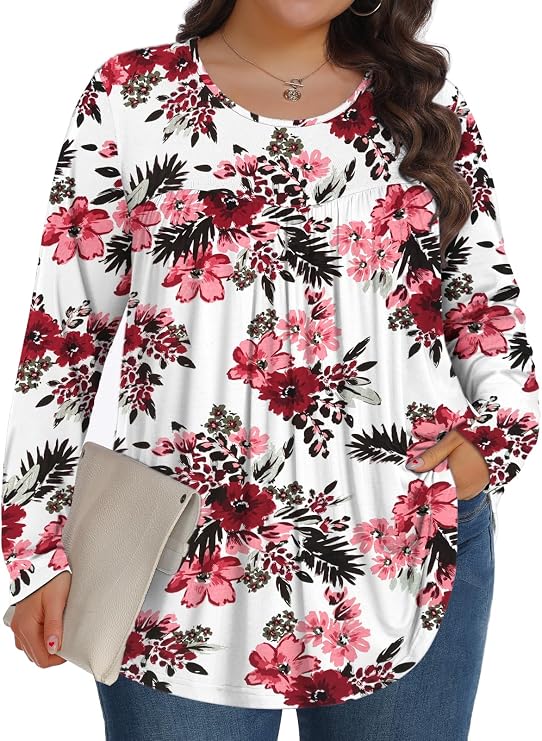 Plus Size Tops for Women Fall Long Sleeve Shirts Crew Neck Casual Loose Tunic Blouse 1X-5X