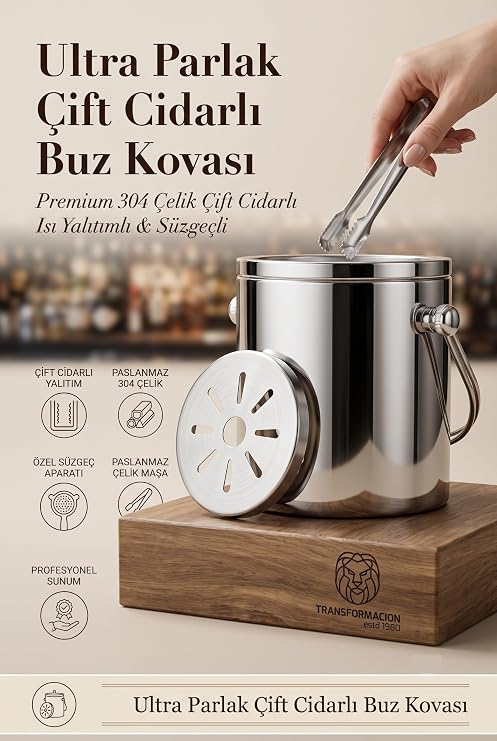 Transformacion Çift Cidarlı Isı Yalıtımlı Buz Kovası Termosu 1 L - Ultra Parlak Süzgeçli Profesyonel Ev ve Bar Tipi Parlak Buzluk 723394
