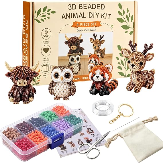 Yaduo 小さな3dビーズ動物diyキット、簡単なdiyビーズ刺繍キット、4つのかわいいデザイン、かわいい鳥と動物のビーズクラフトセット、ハンドメイドビーズアートモザイクキット 大人、初心者ウッドランドフレンズ