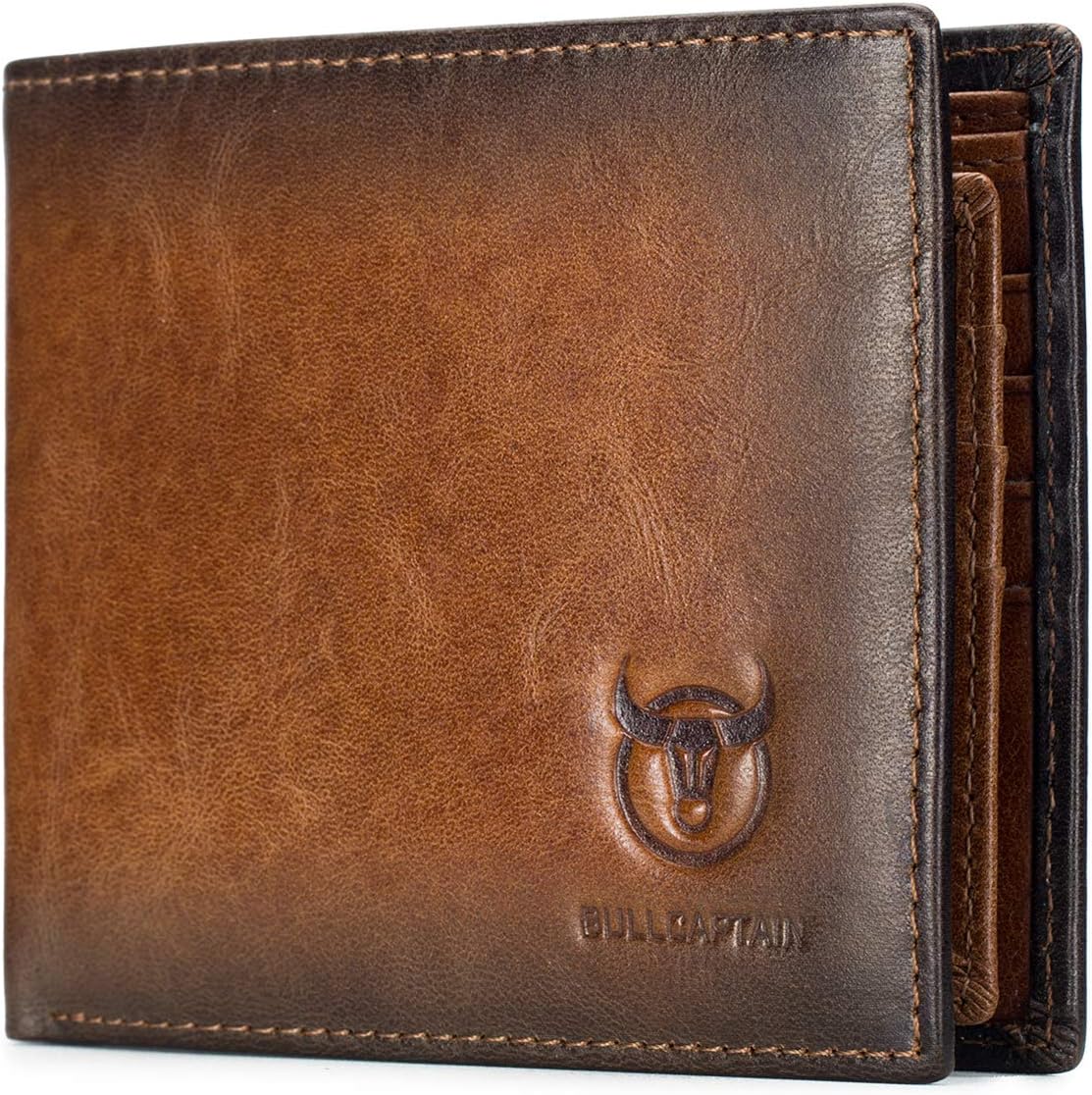BULLCAPTAIN Mens RFID Wallet Slim Bifold Genuine Leather Wallet with Front Pocket and 2 ID Windows QB-05