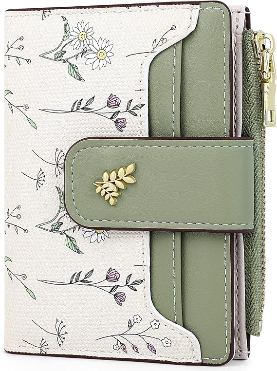 Farcauo Purses for Women Small Ladies Purse RFID Wallet for Women Cute Wallets with Card Holder Green Ladies Kawaii Flower Card Wallets Coin Purse with Credit Card Holder
