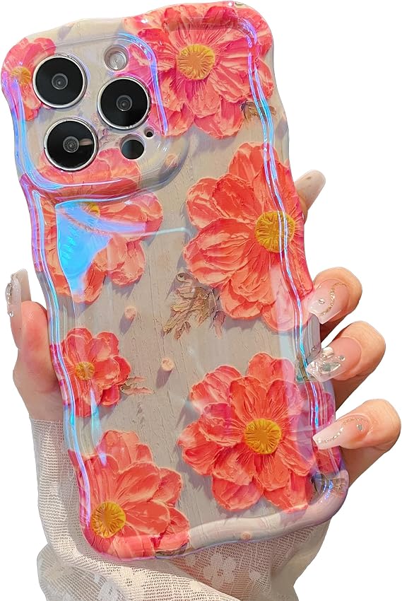 XIZYO iPhone 16 Pro用ケース 油絵 フラワー-ピンクフラワー/グリーン