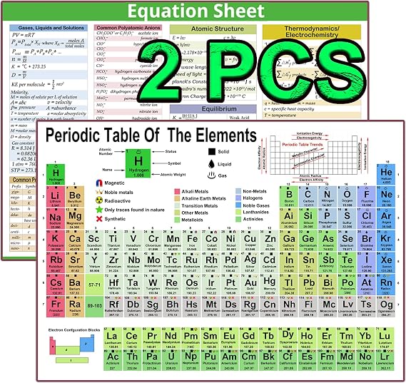 Junlego 2 Pcs Periodic Table Of Elements Chart Chemistry Posters for High School College Equation Sheet Poster Chemistry Reference Poster Chart Cheat Sheet(2*A4)