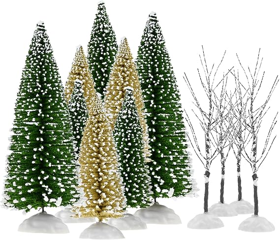 Yetaha 12PCS Mini Mixed Christmas Trees, Small Artificial Frost Trees with Bases, Miniature Green/Yellow Sisal Bottle Brush Tree for Tabletop Christmas Party Decoration DIY Crafts 13/15/18cm