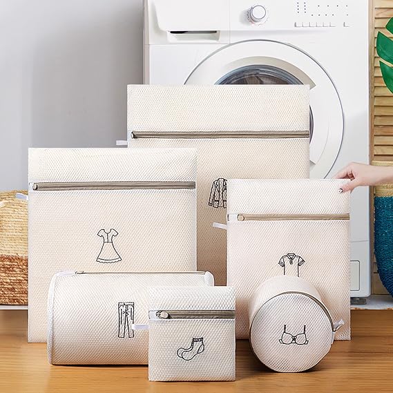 6PCS Logo Category Double Thickened Fine Mesh Laundry Bag Set with Zipper (Hosiery + Shirt + Dress + Jacket + Pants + Bra Bag)