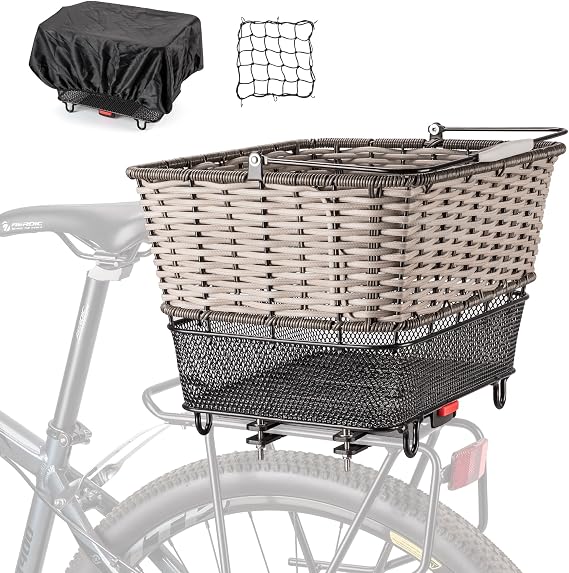 Rear Bicycle Basket – Large Quick-Release Rear Basket with Cargo Net and Waterproof Cover, Hand-Woven Basket with Large Capacity