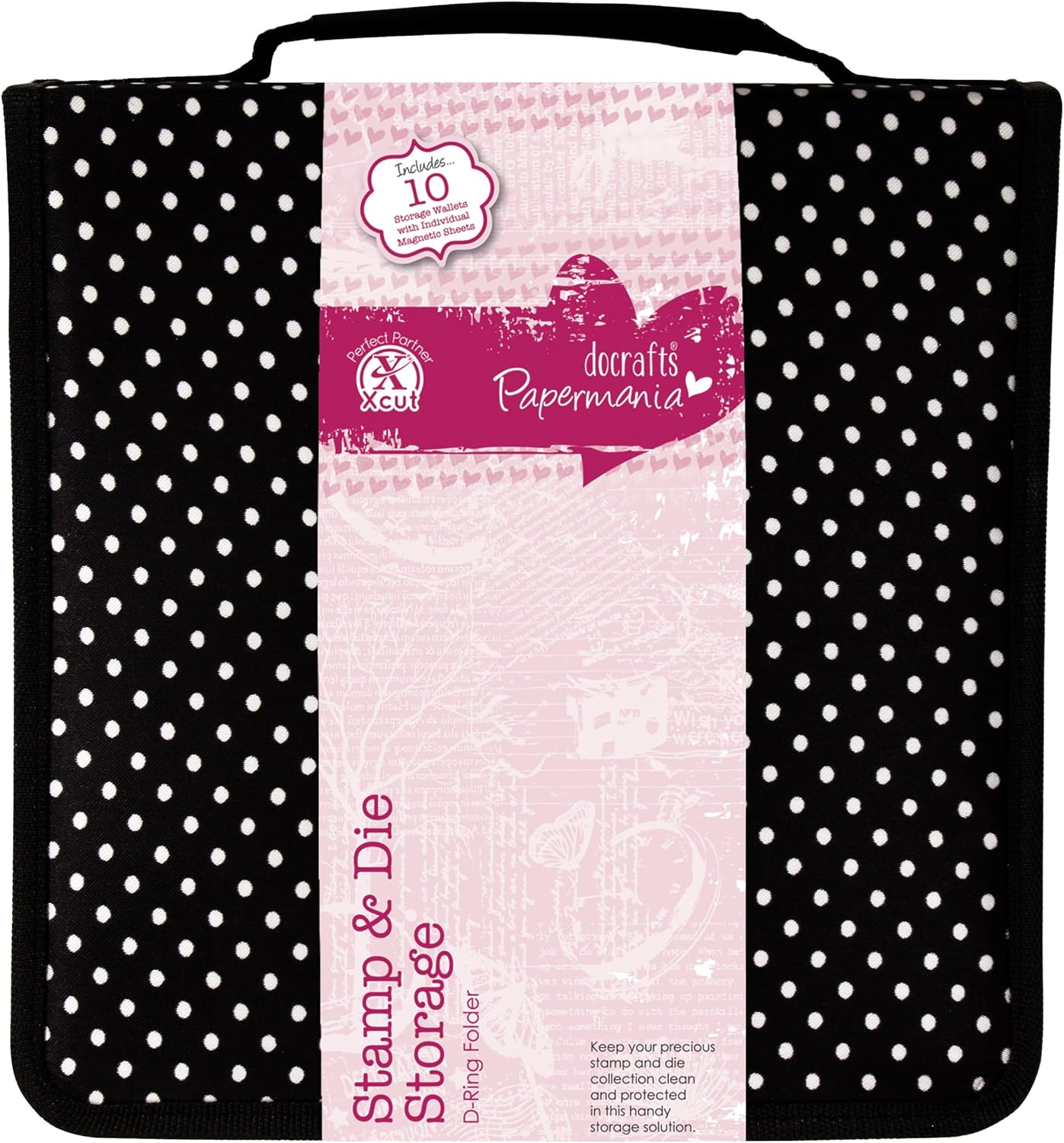 Papermania Polka Dot Stamp & Die Storage, Black and White, 10 x 10", 10 Pockets, Storage Organiser Containing Magnetic Sheets, Refill Pockets Available