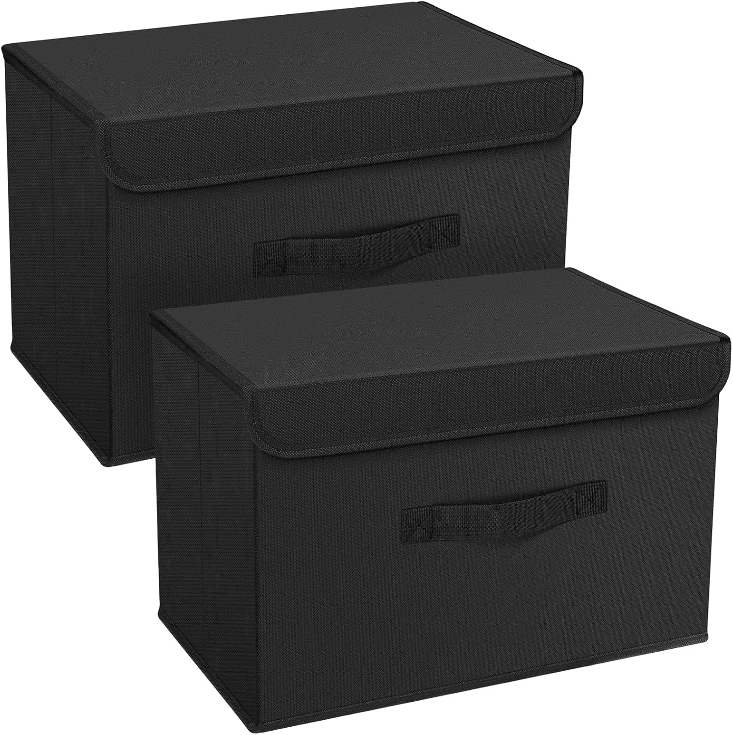 DIMJ 2 Pack Foldable Storage Boxes with Lids Collapsible Storage Bin with Handle Fabric Storage Basket Wardrobe Storage Organiser Box for Clothes, Toys, Books, Closet, Bedroom, Home (Black)