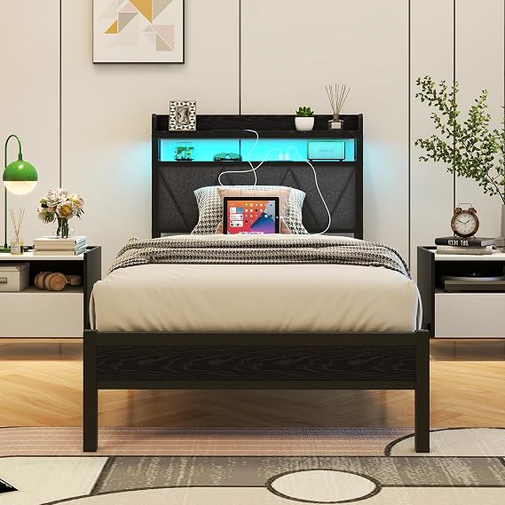 3ft Single Bed Frame with LED Lights Storage Upholstered Headboard and Charging Station, Solid Metal Platform Bed Single Size, No Box Spring Needed, Noise Free