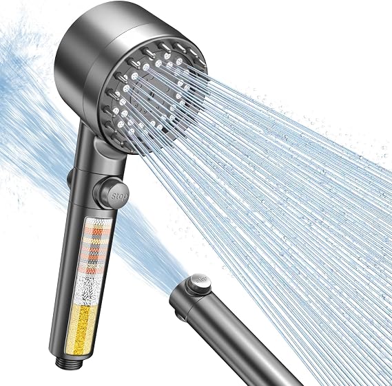 FEELSO High Pressure Filter Shower Head with Anti-Clog Nozzles,4 Modes,Grey