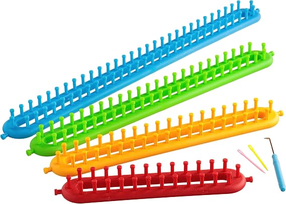 The Quilted Bear Long Knitting Loom Set - Easy Knit 4 Piece Peg Loom with 2 Pins, Loom Knitting Hook Tool & Instruction Leaflet for Scarves, Hats & More!