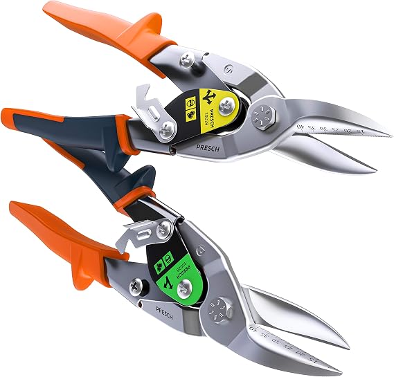 Presch Tin Snips Set Straight and Right Cut - Heavy Duty Aviation Snips - Drywall Construction Tool Set for Cutting Metal with Lever Transmission - Tin Cutter Kit