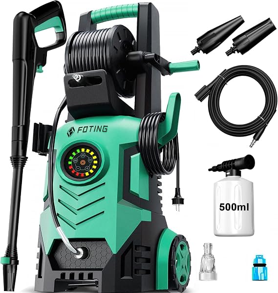 Adjustable Pressure Washers 100-200bar & 280-500l/h, Coverage:20-60㎡/h, with Touch Screen 8 Level, 500ml Foam Cannon and Adjustable Nozzles, Power Washer for Cars/Fences/Driveways/Home