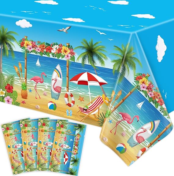 4 Pack Beach Theme Party Tablecloth Aloha Luau Hawaiian Birthday Party Table Cloth Flamingo Surfboard Table Cover Disposable Pool Party Decorations for Baby Showers Seaside Beach Pool Party 86×51 In