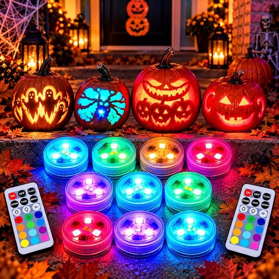 Halloween Pumpkin Lights with Remote, Waterproof LED Tea Lights, 10 Pack [Energy Class A]
