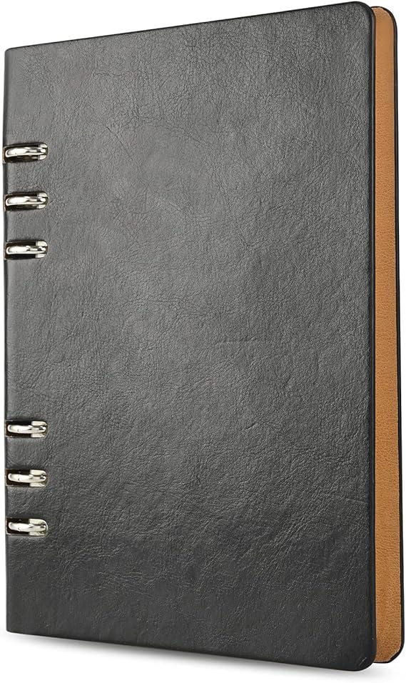 SIMDAO A5 Leather Notebook Refillable Recycled Journal 6 Holes Rings Loose Pocket Leather Refillable Hard Cover Diary Notebook for Travel Business Writing (Black)