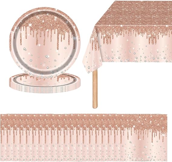 41P Shiny Glitter Diamond Party Tableware Rose Gold Tableware Set,Princess Plates Napkins Rose Gold Tablecloth,Sparkling Paper Dinnerware for Birthday,Baby ShowerWedding Tableware