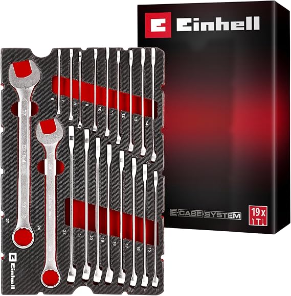 Orijinal Einhell Pad İngiliz Anahtarı 19 Parça (12 Köşeli Profil, Krom Vanadyum-Çelik, Saten Yüzey, 6 – 27 mm, EVA-Pad, E-Case Sistemi)