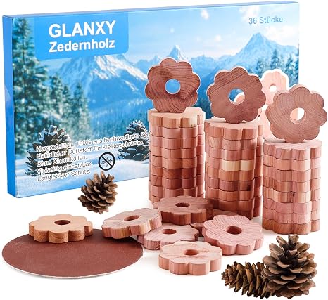 Cedar Wood Moth Rings Pack of 36 Glanxy Premium Moth Protection for Wardrobe Chemical-Free Moth Trap with Long-Term Protection Natural Product Against Clothes Moths with Sandpaper