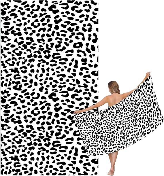 Large Quick Dry Microfibre Beach Bath Towel for Adult,Black White Leopard Print Sand Free Beach Towel with Bag,Lightweight Gym Yoga Sports Towel,Compact Travel Summer Beach Towel for Women Men