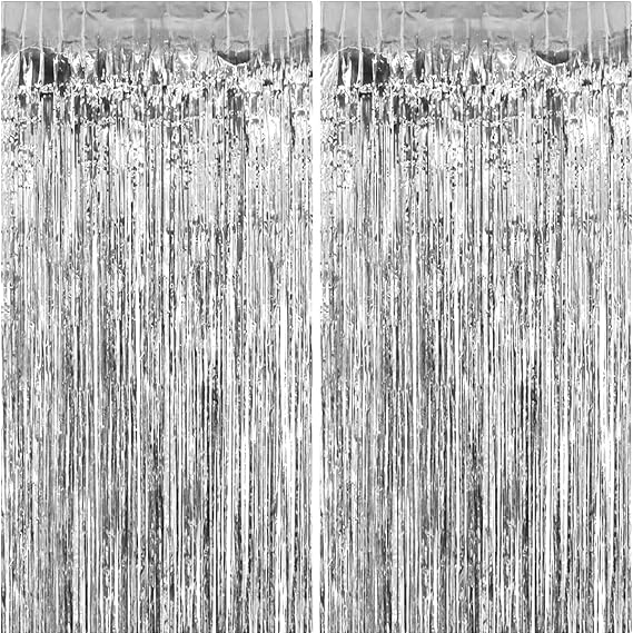 2 Silver Metallic Curtains, Foil Curtain, Tinsel Fringe Decoration Background for Birthday Party Weddings