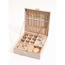 Granbest Elegant Checkered Pattern Jewellery Box with Multiple Compartments Jewellery Organiser for Storing Necklaces, Bracelets, Rings and Earrings (Beige)