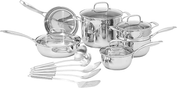Amazon Basics 15-Piece Stainless Steel Cookware Set, Pots and Pans with Utensils, Induction Compatible, Oven-Safe up to 260°C, Dishwasher-Safe
