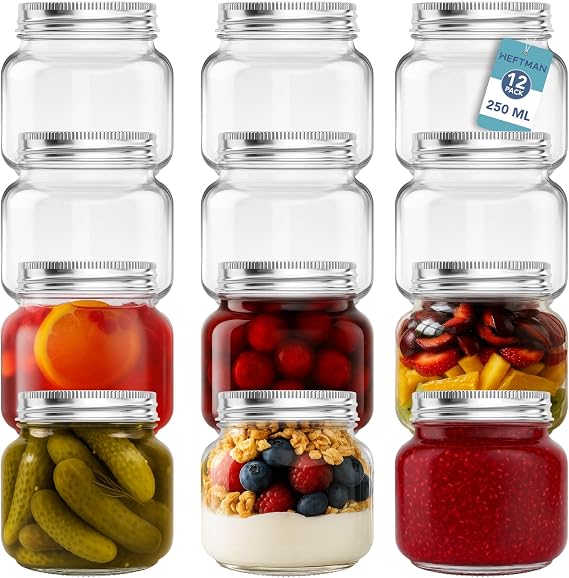 HEFTMAN Glass Mason Jars with Lids - Set of 12, 250ml Air Tight Jars